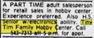 Tiny Tim Hobby Center - 1978 Help Wanted Ad
